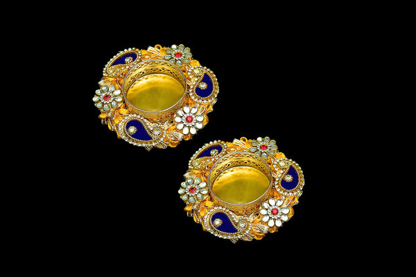 Diwali Tea Lite Holder blue and gold set of 2