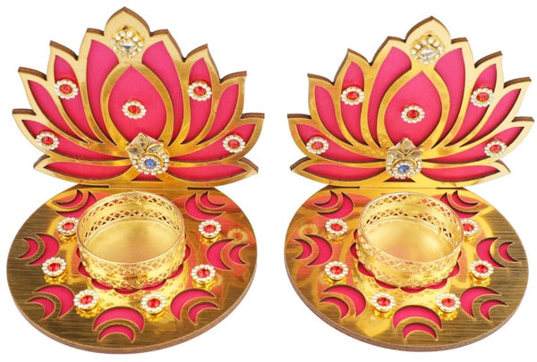 Diwali Tea Light holder Lotus Red/Gold set of 2